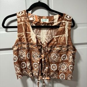 Magasin Top Women‎ Size Medium Cropped Tie Closure Lightweight Brown and White